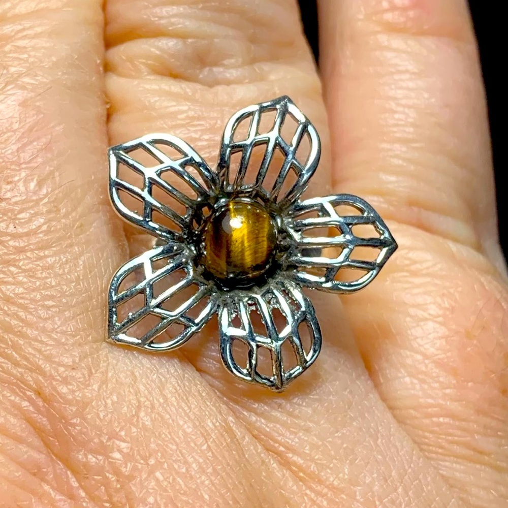 Solid Sterling Flower Ring With Tigers Eye - image 1